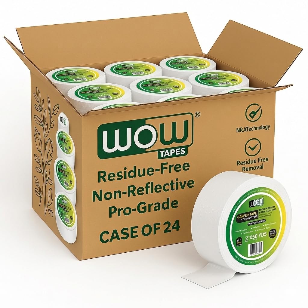 Wow Gaffers Tape 2 Inch White - 50 Yards (Case of 24), Residue Free, Non-Reflective & Heavy-Duty - Professional Grade Gaff Tape - Ideal for Photography Backdrop, Cables, Cords & Floor Taping