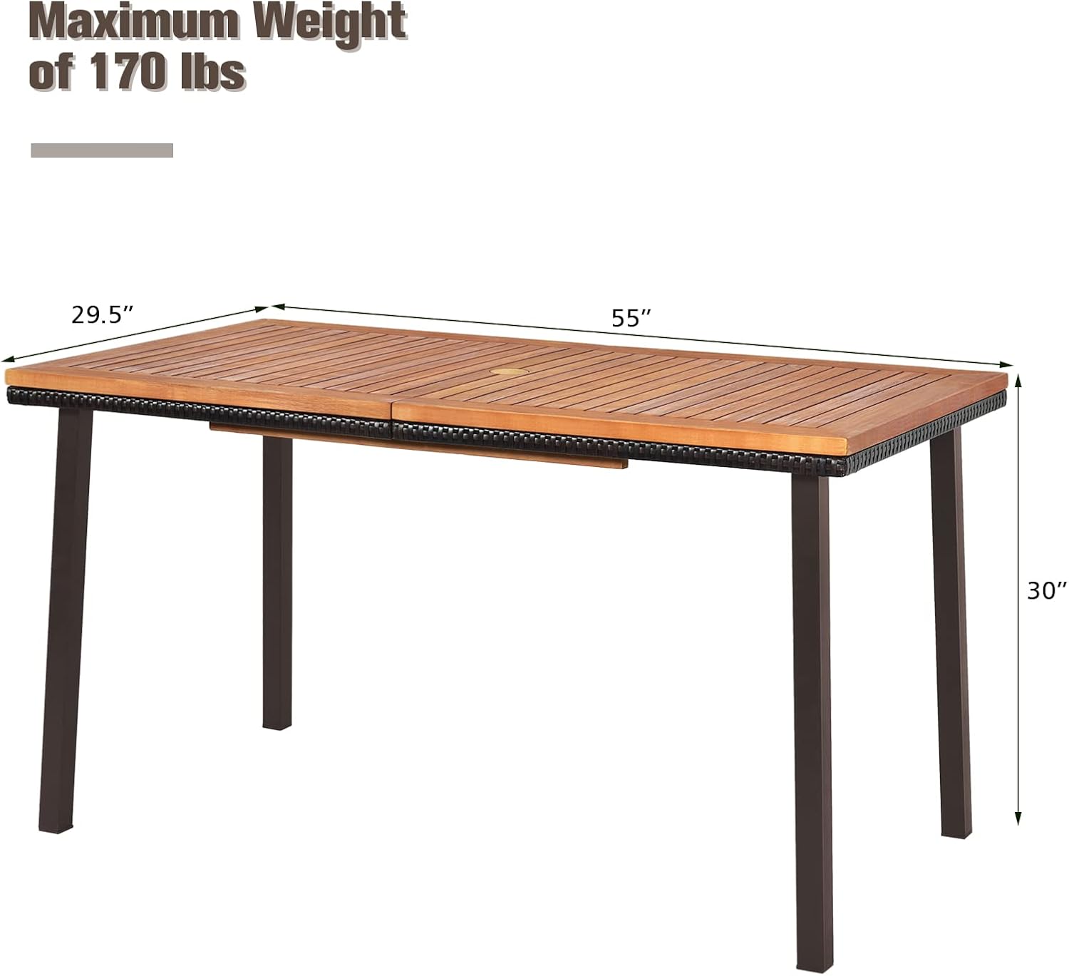 RELAX4LIFE Outdoor Dining Table for 6-8, Acacia Wood Slatted Patio Table w/Umbrella Hole, Wicker Edging, Rust-Proof Steel Legs, Rectangle Outdoor Patio Table for Deck Backyard Pool Side Relaxation