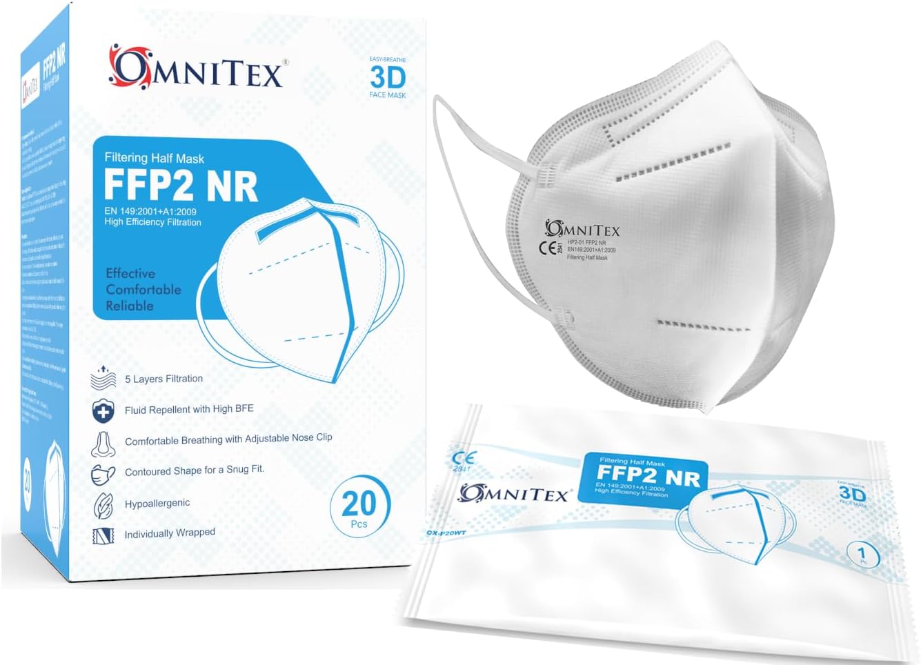 FFP2 Face Mask - Box of 20, Individually Wrapped | High Filtration - 5 Layers | EN149 CE Certified | Hypoallergenic | Fluid Resistant | Ear Loops & Adaptable Nose Bridge