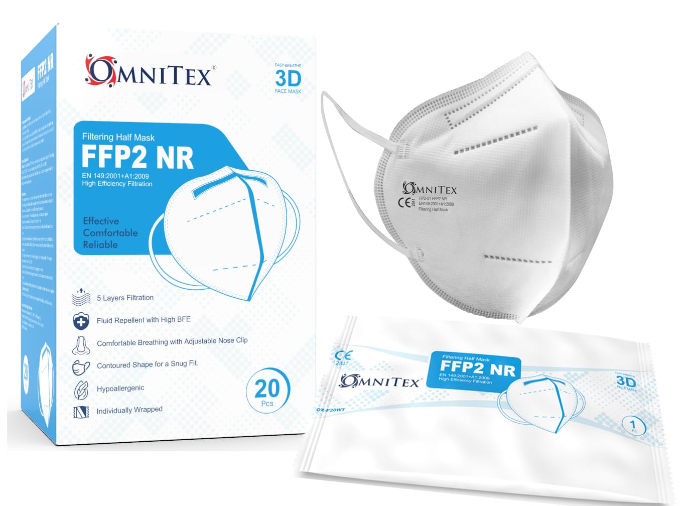 Omnitex FFP2 Face Mask - Box of 20, Individually Wrapped | High Filtration - 5 Layers | EN149 CE Certified | Hypoallergenic | Fluid Resistant | Ear Loops & Adaptable Nose Bridge