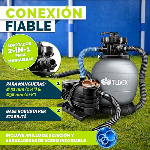 Miniatura 7 de Tillvex Depuradora De Agua Para Piscina 10 M H 800g Bolas De Filtro - 7 Funciones De Filtrado - Bomba De Filtro De Arena Con Válvula Gris