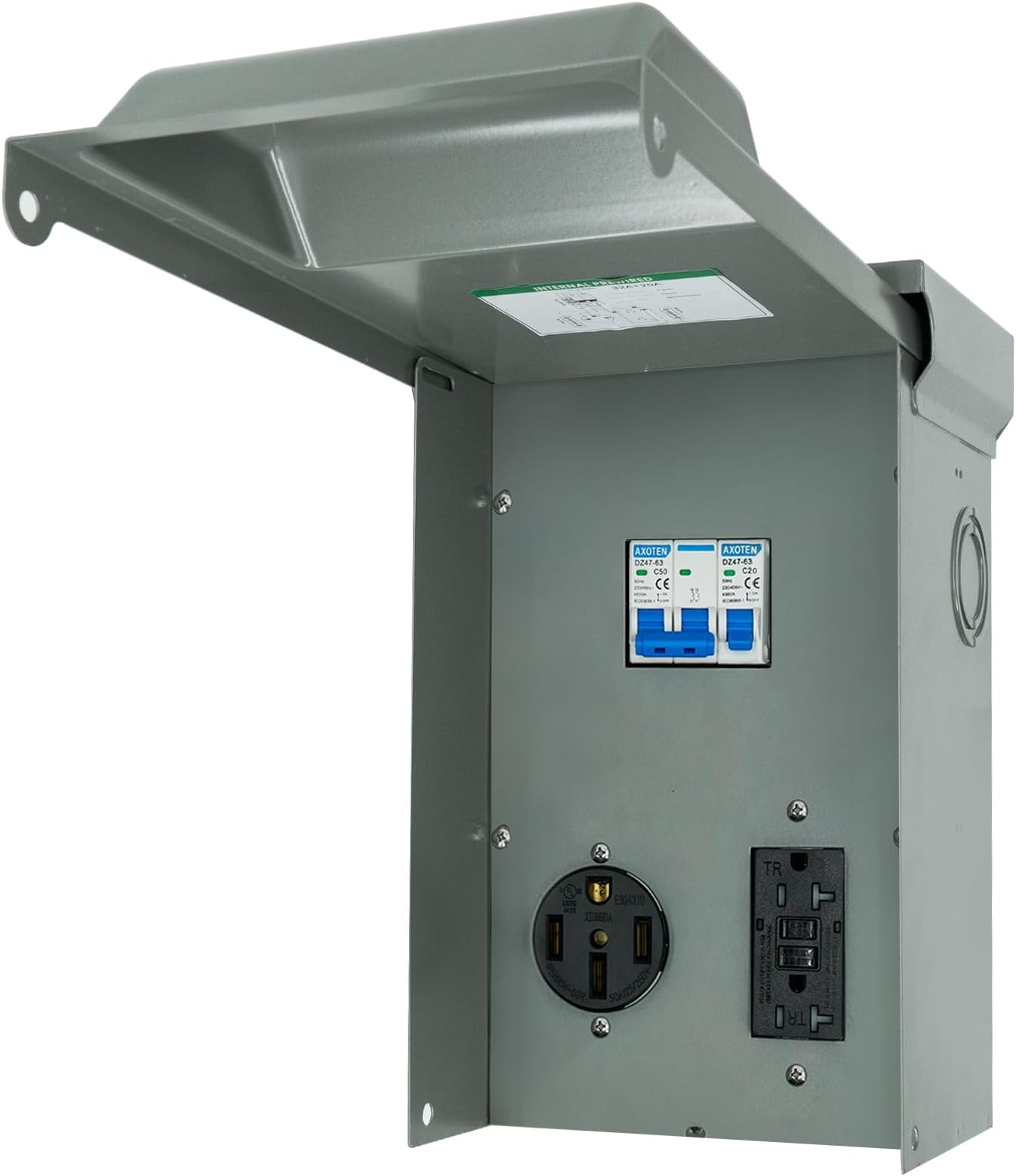 Temporary Power Outlet Panel, RV Pedestal Electrical Panel, 20 30 50 Amp RV Breaker Panel Box,Prewired and Unmetered, Weatherproof (20, 50 Amp)