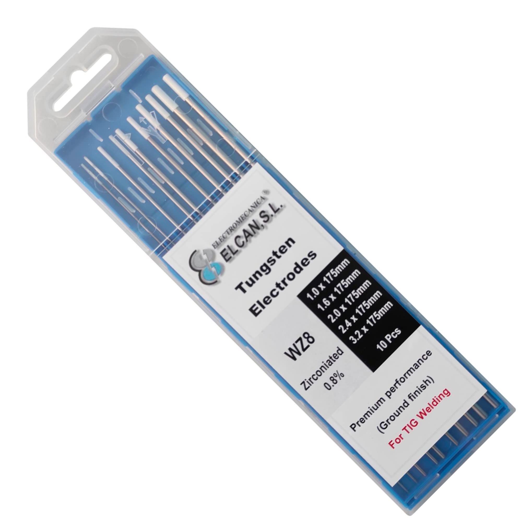 ELCAN Tungstenos soldadura TIG Zirconio 0.8% Blanco AZ8 profesional, electrodos soldadura para torcha TIG de 1,0 1,6 2,0 2,4 3,2 mm, 10 unidades - Dimensiones: 1,0/1,6/2,0/2,4/3,2 x 175 mm