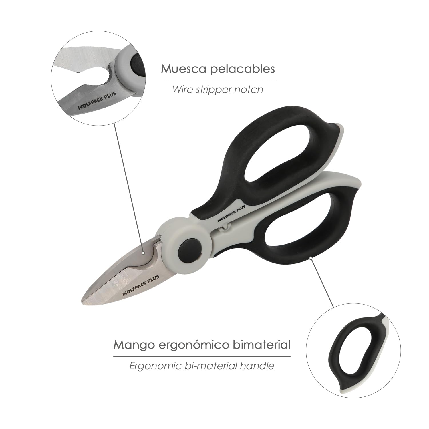Electrician Scissors 155 mm. TPR Plus No Tension Handle, Stainless Steel Blades, Ergonomic, Scissors Cutting Cable, Stripper - Image 3