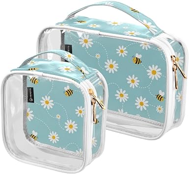 Sinestour Bee Daisy Flower Clear Toiletry Bag with Zipper Travel Makeup Pouches with Handle Cosmetic Organizer Case Set for Carry On Men Women