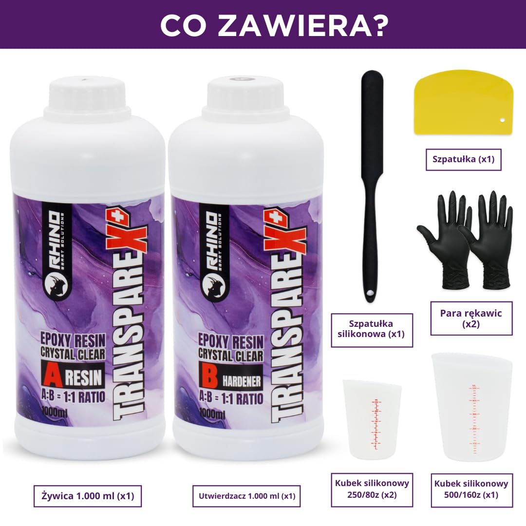 Zestaw żywicy epoksydowej przezroczysty RHINO Smart Solutions TRANSPAREX+ 2000ml do rękodzieła - 1000 ml przezroczystej płynnej żywicy + 1000 ml utwardzacz (1:1) do majsterkowania, sztuki,