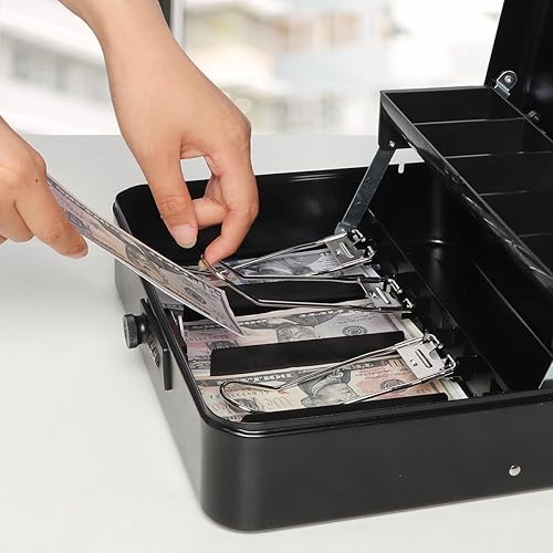 Vista 14 de Jssmst - Caja grande de seguridad para dinero con bandeja; caja con cerradura para dinero con cable de seguridad y cerradura de llave, de metal