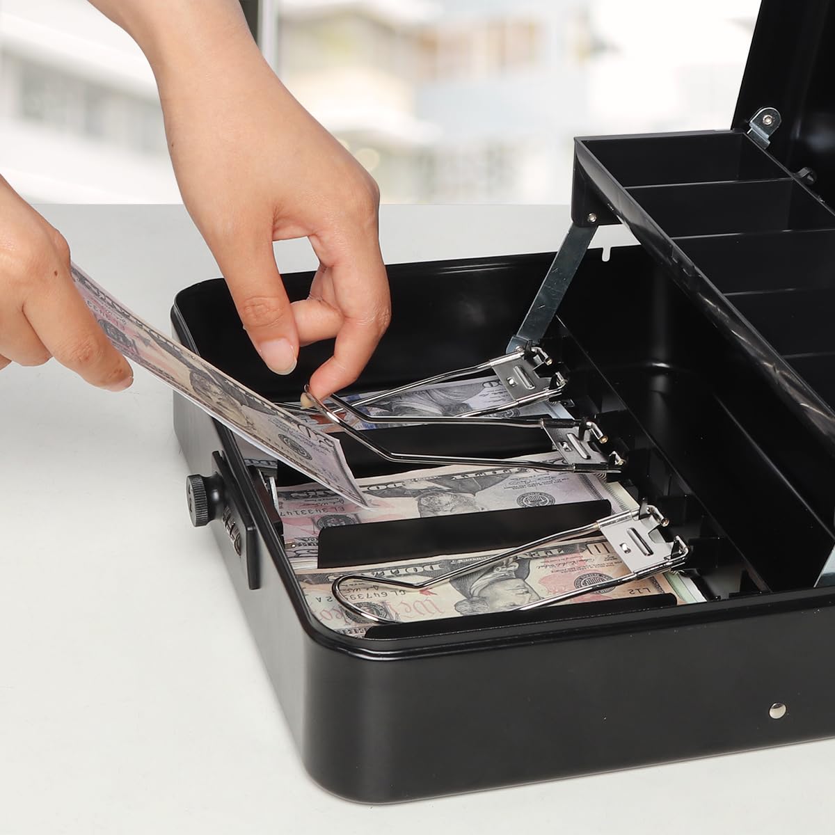 Jssmst Large Locking Cash Box with Money Tray, Metal Money Box with Combination Lock Cash Safe with Security Cable, Black, SM-CB02302XL