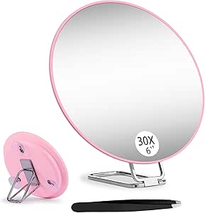 30X Magnifying Mirror with Table Stand & Suction Cups, Large 6'' Travel ...