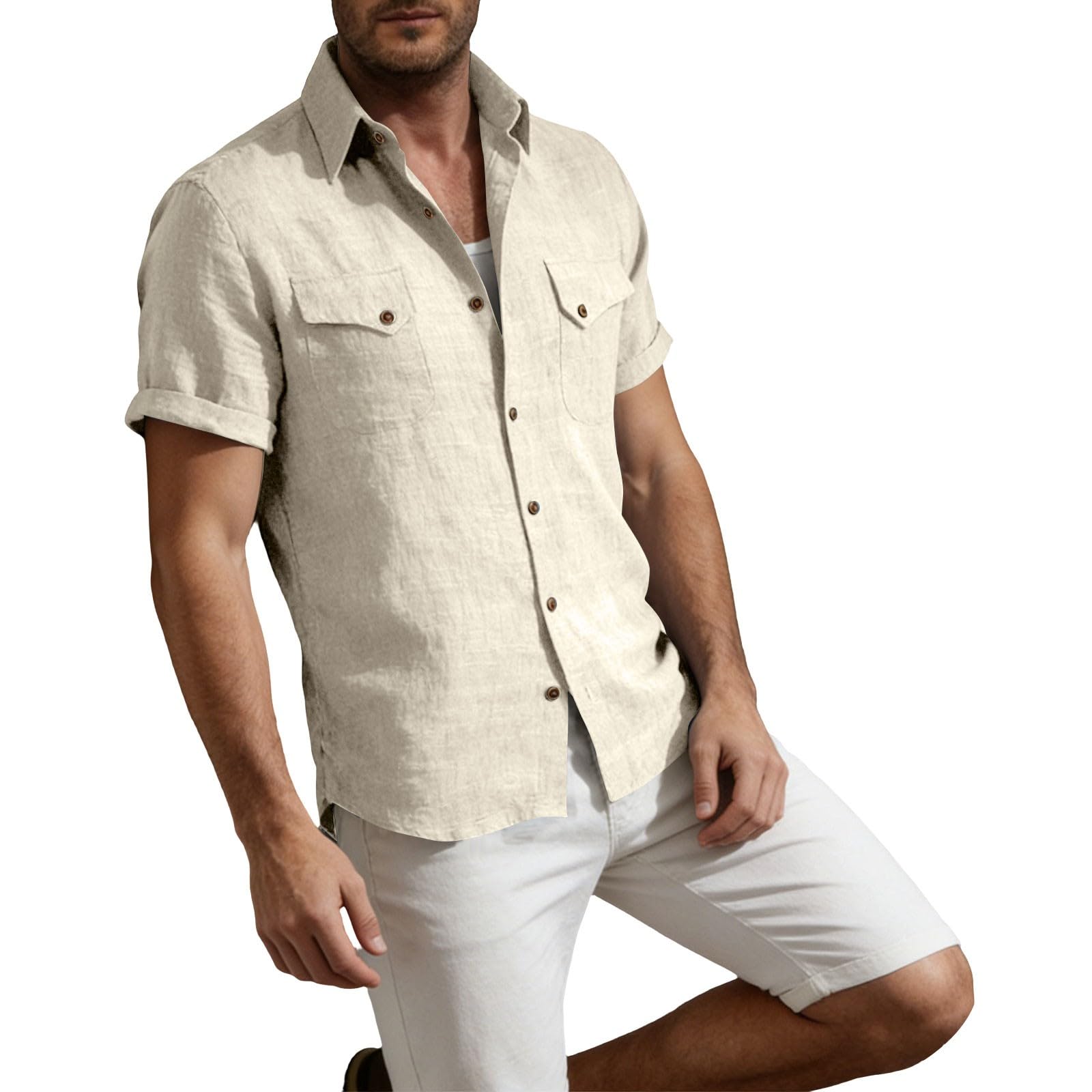 Generico Camicia Uomo in Lino Texturizzato con Bottoni E Tasche, Maniche Corte Estive Ideale per Vacanze al Mare E Uscite Casual