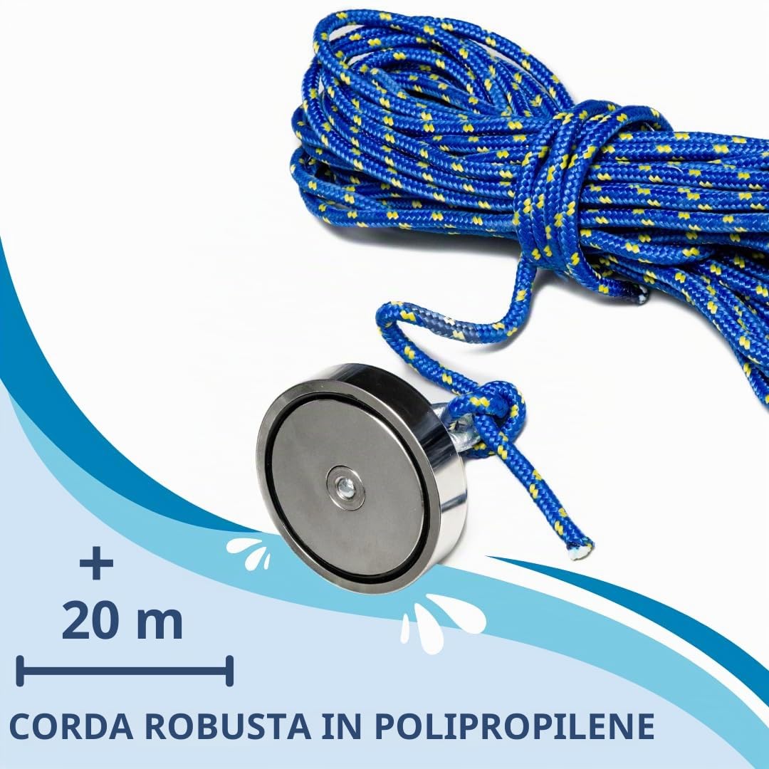 ITALFIT MAGNETI Set Magnet fishing - Diametro 97mm, Spessore 20mm, Foro M10 - Magnete Potente per pesca magnetica - Calamita potente e Corda 20m Inclusa - Forza 480 KG Ideale per Magnetfishing