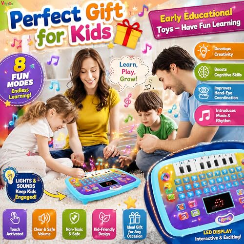 Image of Vikrida Educational Learning Kids Laptop Tablet Computer Plus Piano with led Screen Music Fun Toy Activities for Kids Toddlers to Learn Alphabet ABC /Numbers /Words (Age 1- 6 Year Old)