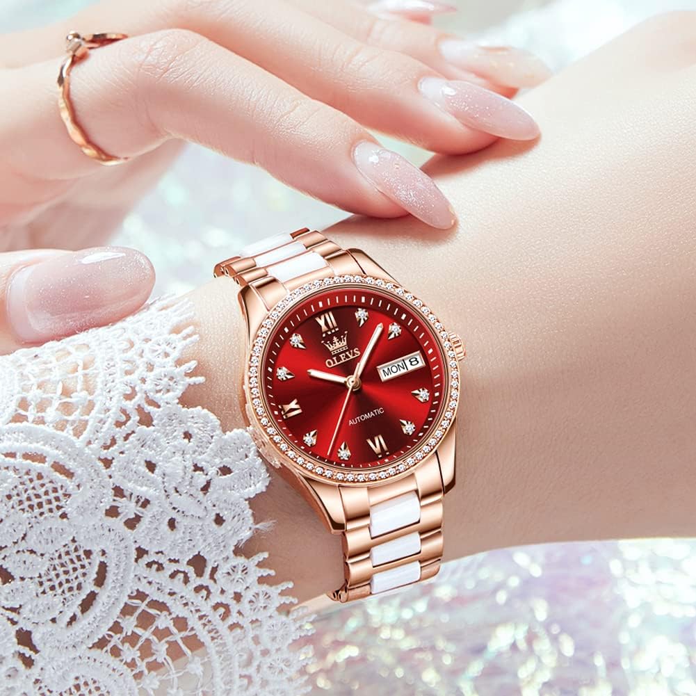 Rose Gold Ceramic Ladies Watches Red Dial Automatic Mechanical Watches for Women Self-Winding Stainless Steel Waterproof Women's Watch Luminous Sapphire Crystal Diamond Ladies Wrist Watch