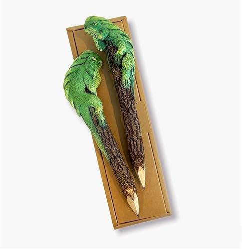 Miniatura 2 de Juego de 2 lápices de madera Iguana aserrín escultura de color verde camaleón King lindo animal creativo papelería escuela y oficina suministros