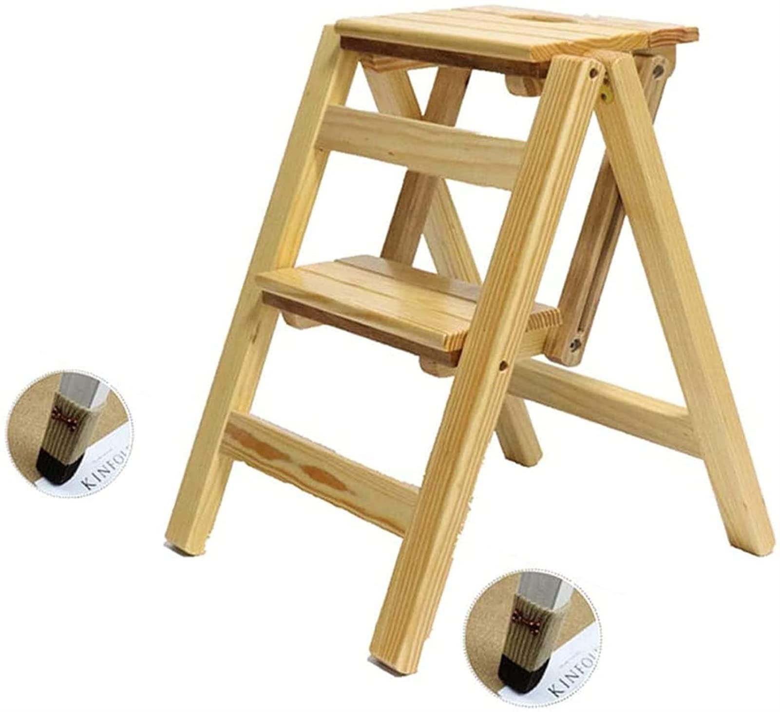 Escalera de tijera plegable multiusos y asiento portátil de madera con base de seguridad