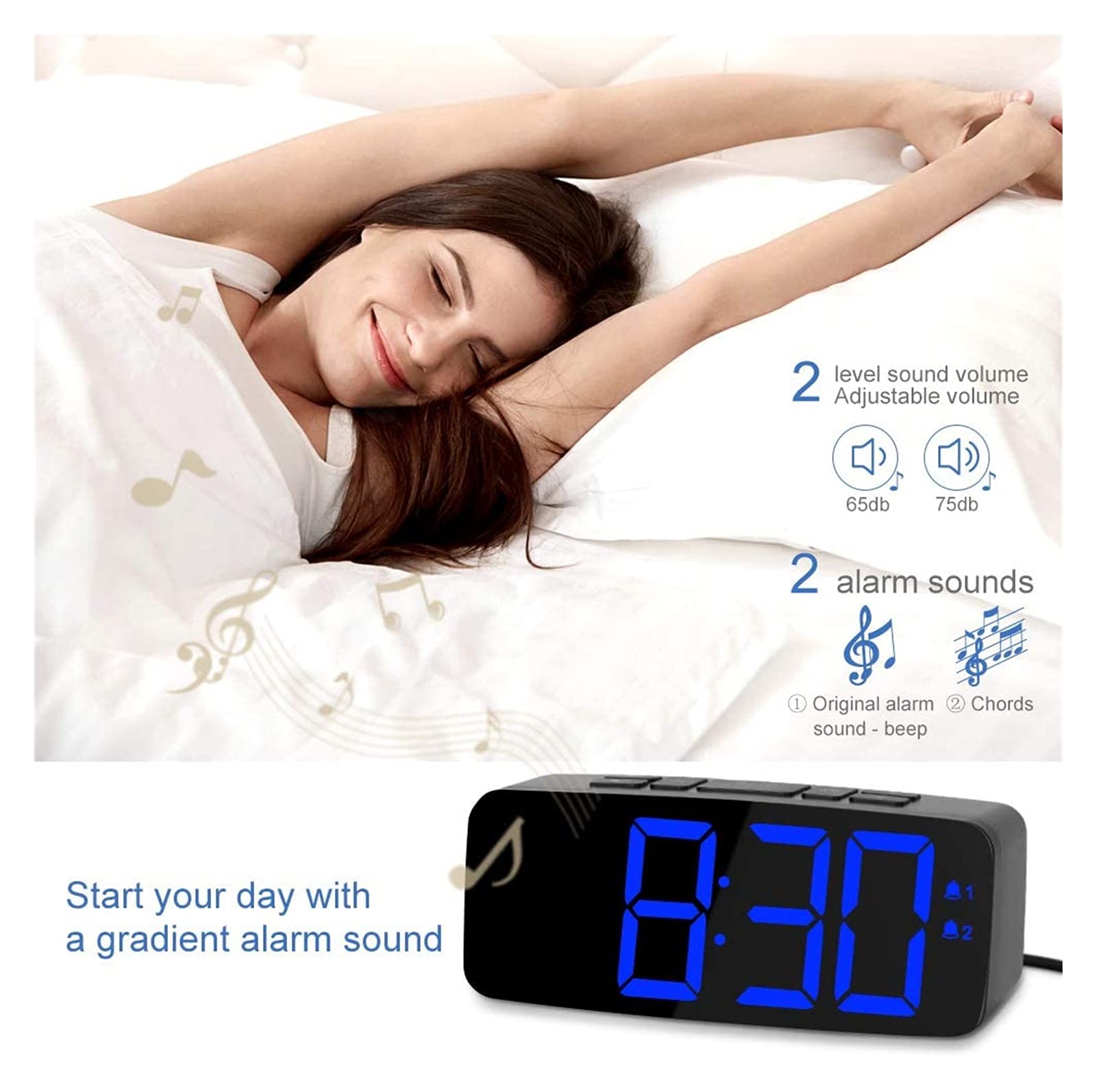 JJJ WTL Despertador Reloj de Alarma Digital 6,3 Pulgadas DIRIGIÓ Relojes de Noche Relojes 2 Alarmas de 6 Niveles Brillo Snooze Función 12 / 24H Mostrar Red eléctrica con Adaptador