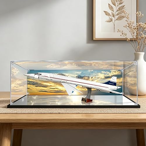 Akrylowa witryna do LE*GO 10318 Concorde – przezroczysta, pyłoszczelna gablota do kolekcjonerskich modeli budynków (model nie jest dołączony) (lustrzane wykończenie + tło)
