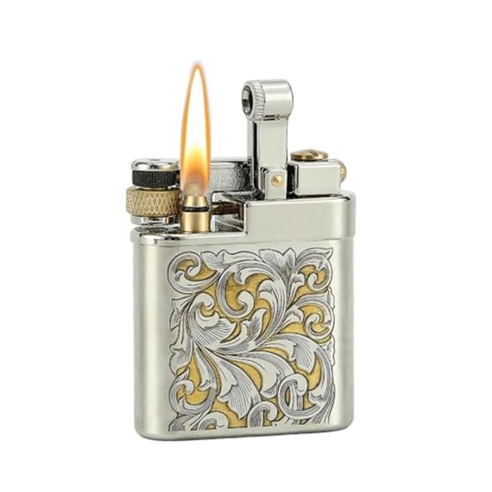 Encendedor de queroseno, latón vintage, grabado de doble cara, diseño de metal recargable, para hombres, papá, marido, elegancia y funcionalidad combinadas