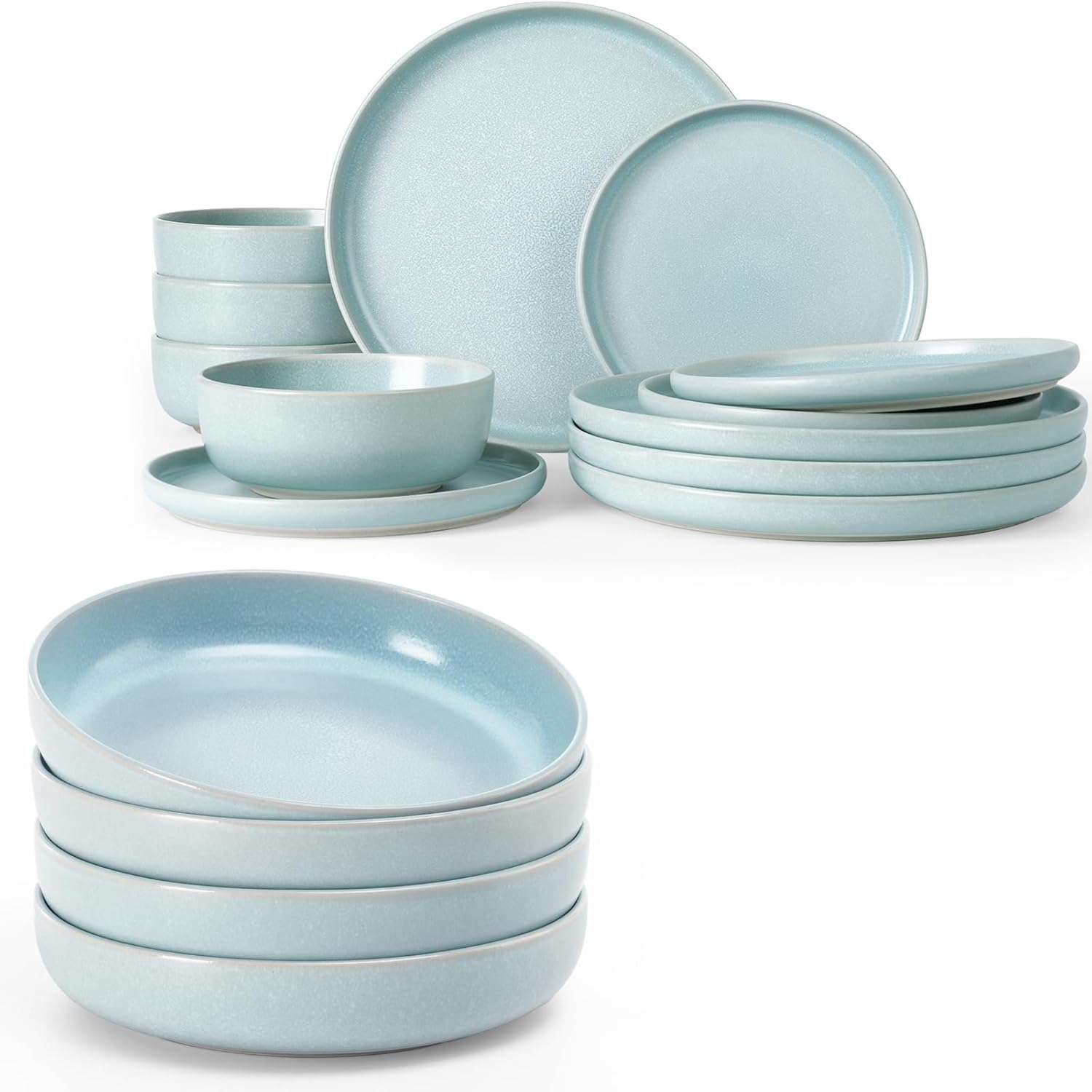 Famiware Milkyway Plates and Bowls Set, 12 Pieces Dinnerware Sets and 4 Pieces Pasta Bowls, Double Reactive Glaze, Sturdy & Stackable, Stoneware Dishes Set for 4, Light Blue