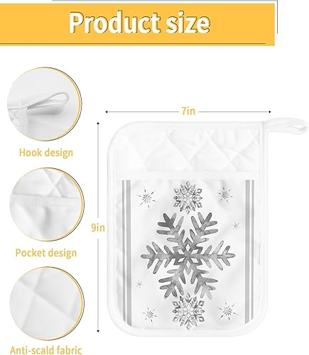 Miniatura 3 de Grey Snowflake 3Pcs Pot Holders for Kitchen,Non Slip & Heat Insulation Terry Cloth Potholder Set with Pocket,Thick Hot Pad Oven Mitts Trivet Coaster