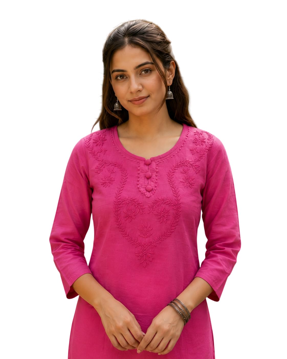 Women Handwork Embroidery Short Kurti Cotton Casual Ethnic Top Three-Quarter Sleeves Round Neck Lightweight Comfortable Daily Stylish Short Kurta for Office College Wear-image-46