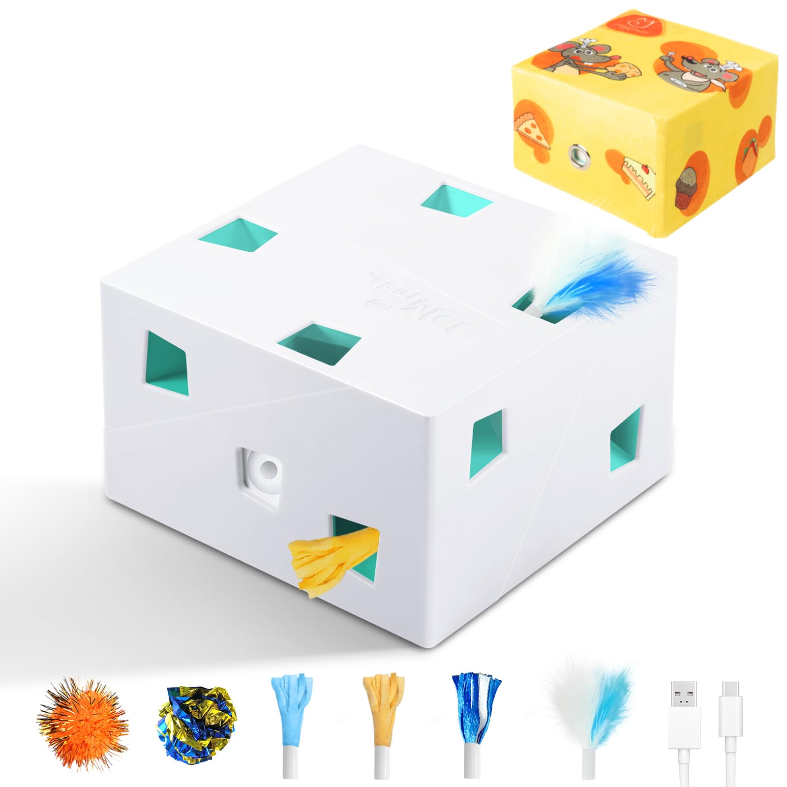 Migipaws Automatic MigiBox Plus Cat Toys 3 n1 Interactive Pounce Mystery Under PopSkin 12 Holes Cardboard Kitten Toys for Indoor Rechargable 8