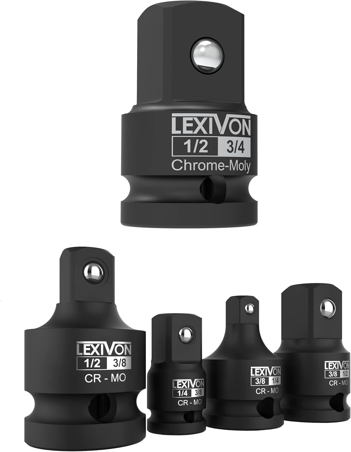 LEXIVON Impact Socket Adapter and Reducer 4-Piece Set | 1/4" - 3/8" - 1/2" + 1/2-Inch Impact Socket Adapter, 1/2" Female x 3/4" Male Increaser | Chrome-Molybdenum alloy steel = Fully Impact Rated