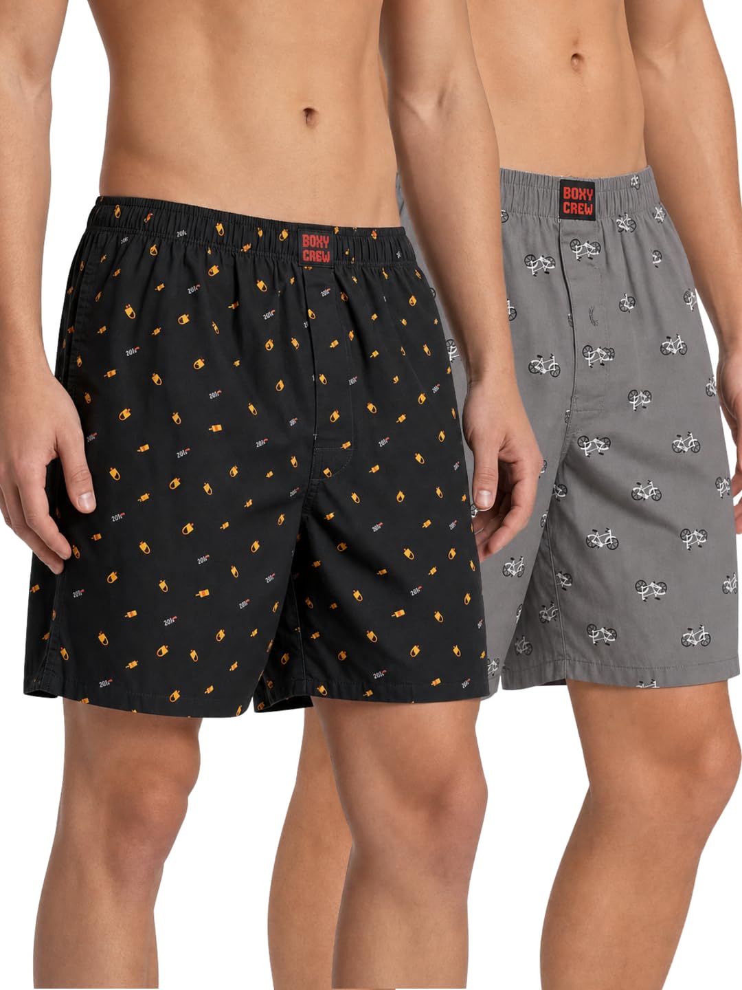 Men's 100% Cotton Printed Boxer Shorts Pack of 2 with Dual Side Pockets and Fabric-Covered Waistband - Black/Grey, Styles MBX016, MBX022-picture-43