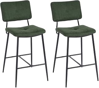 MEUBLE COSY Bar Stools Set of 2 Kitchen Breakfast High Chairs with Backrest Footrest, 68 cm Tall Seat, Fabric Upholstered, Metal Legs, Industrial Style, for Dining Room Counter, Green