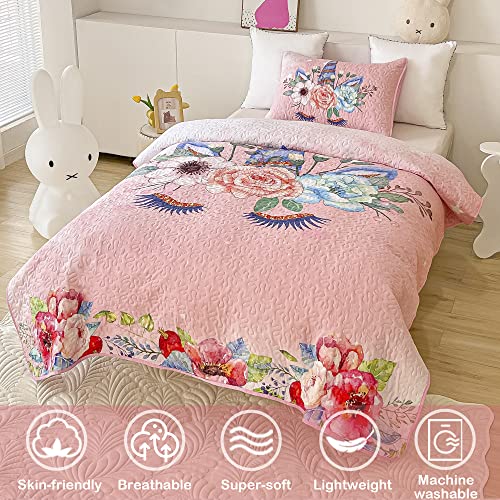 Pink Unicorn Quilt Set For Girls Twin Size 2-Piece Kids Comforter Bedding Set Stars Flowers Reversible Quilted Bedspread Coverlet Lightweight Bed Sheet Set Cover Throw Blanket With Pillow Case #TOP1