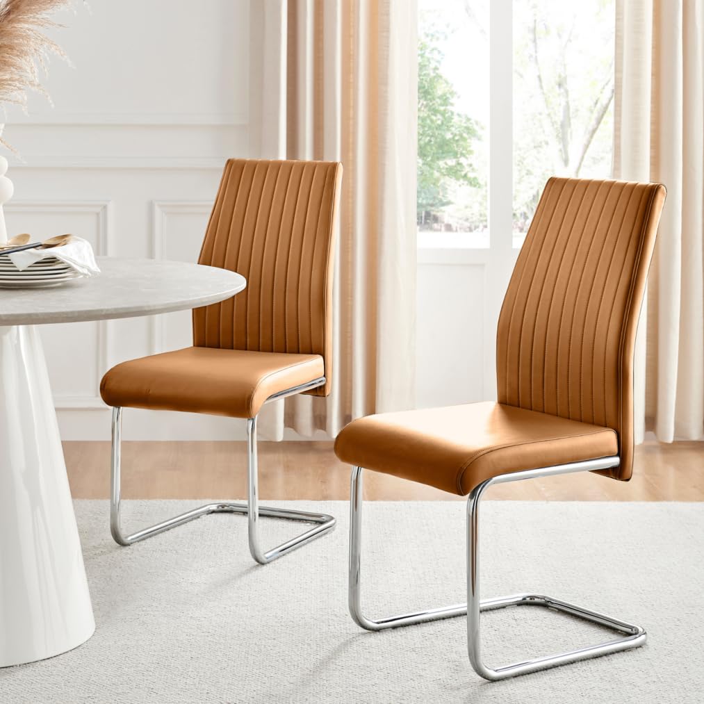 Furniturebox UK Dining Chairs - Lorenzo - 2x Tan Brown Faux Leather Upholstered Dining Chairs Silver Chrome Metal Legs - Cantilever Leg - Vertical Stitching - Modern Kitchen Furniture