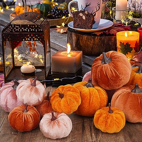 Image of Artmag 12Pcs Fall Artificial Velvet Pumpkins Assorted Sizes Orange Brown Pink Fake Farmhouse Harvest Pumpkins for Fall Thanksgiving Party Home Decoration