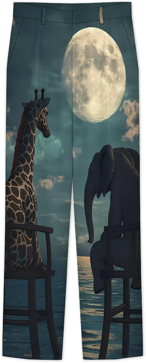 Giraffe Elephant Sea Moon Men's Classic Fit Suit Pants Straight Leg Design Printed Trousers