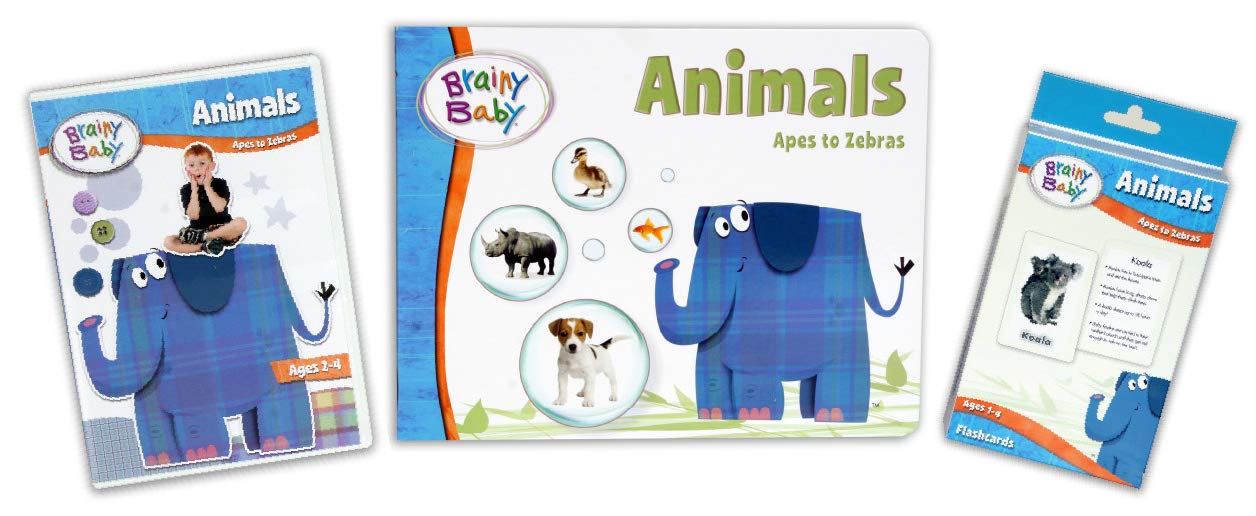 Brainy Baby DVD, Book & Flashcards : Apes to Zebras Animals Set