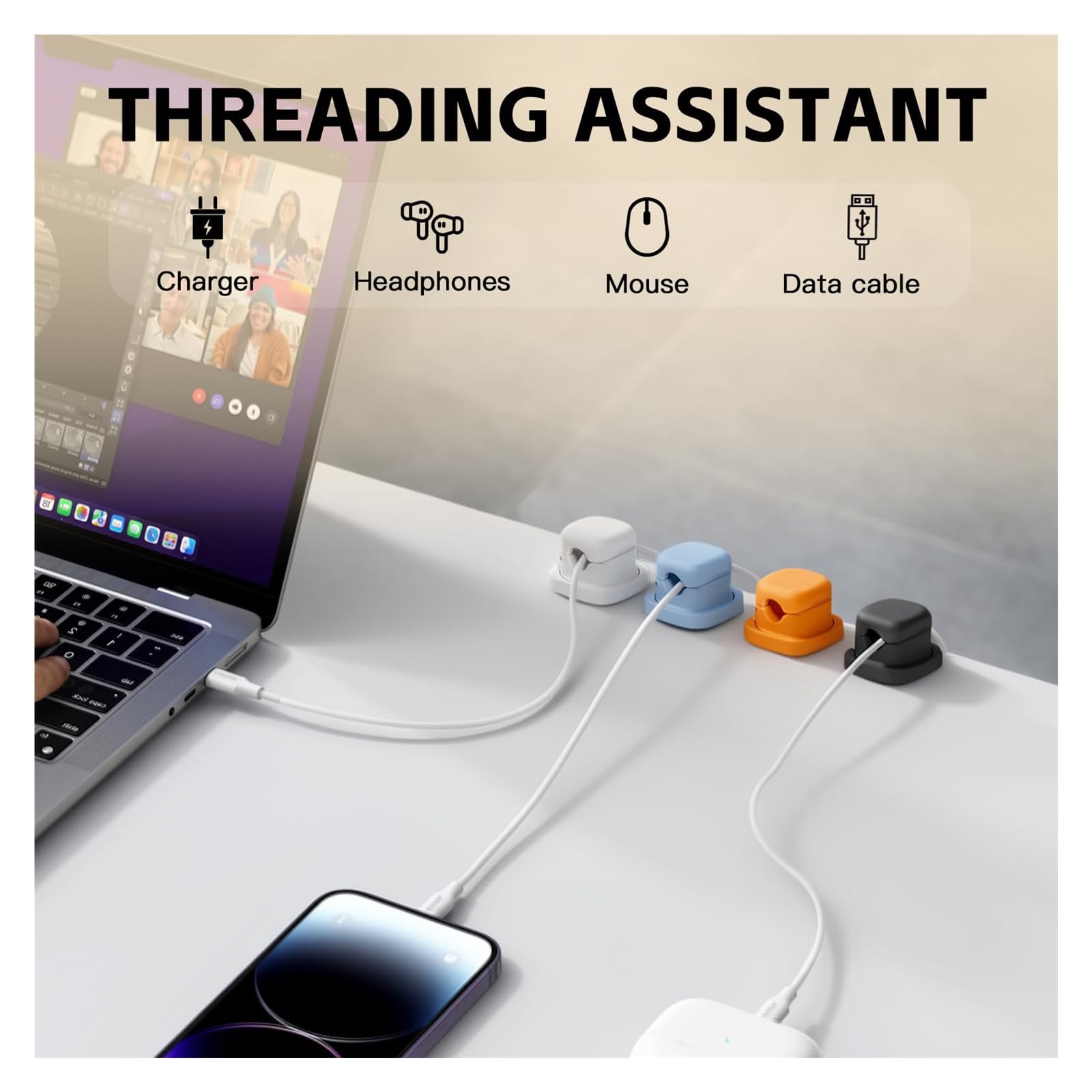 360° Drehbarer Magnetischer Kabelhalter, Selbstklebend Kabelmanagement für Nachttisch & Schreibtisch, Kabelclips für Auto Büro, Magnet Kabel-Organizer für Ladekabel USB-C(White,12)