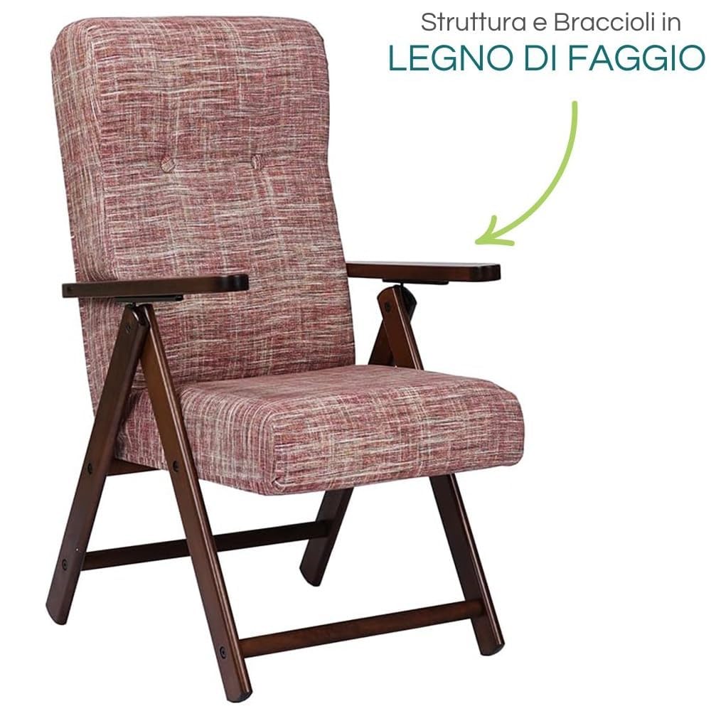PALUPLUS Poltrona Molisana Reclinabile, Misura 62x67x109 cm, Schienale Regolabile in 4 Posizioni, Struttura e Braccioli in Legno di Faggio, Sedia per casa, Portata 110Kg -221C (Rosso Striato)