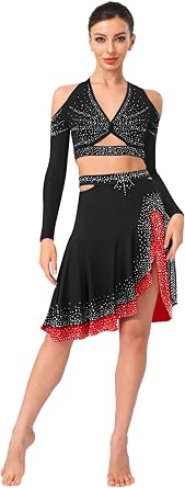 JanJean Women 2Pcs Jazz Latin Dance Costumes Backless Crop Top Ruffled Skirt for Samba Rumba Show