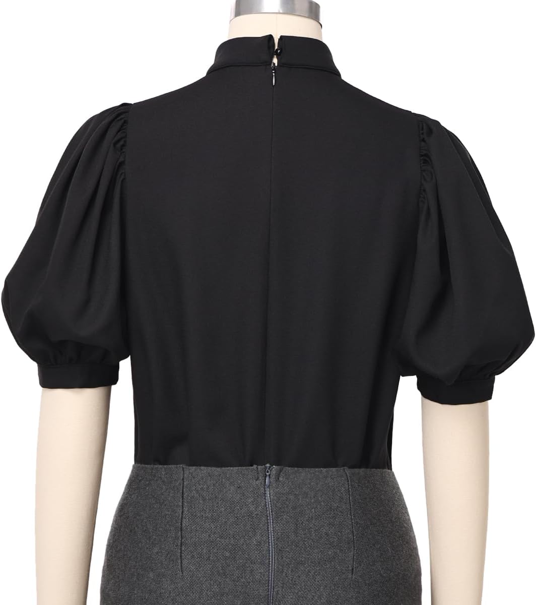 Womens Church Clergy Shirt Tab Collar Short Puff Sleeves Blouse Top - Image 8