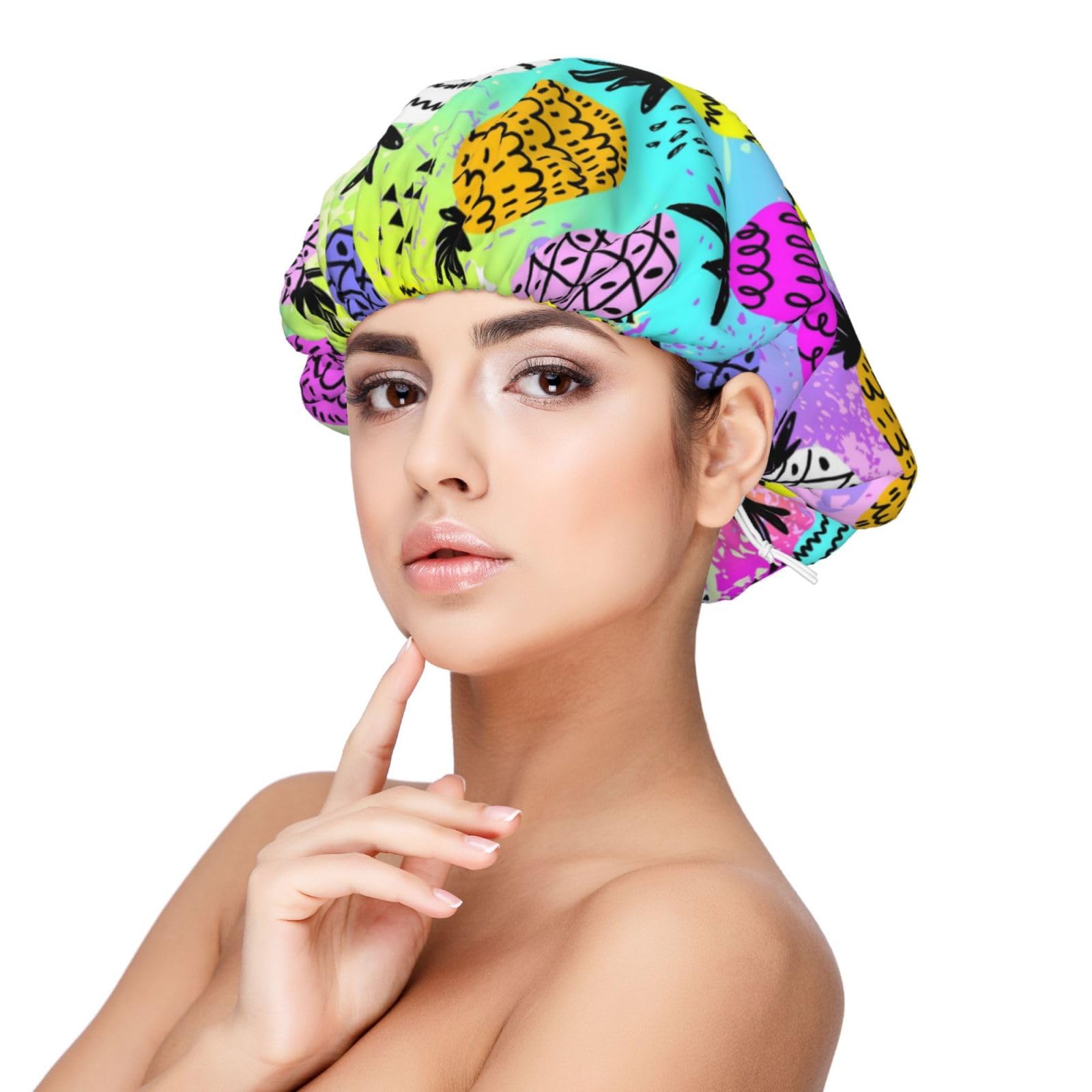 Xiso Ver Graffiti Pineapples On Neon Background Satin Bonnet Silk Bonnet for Sleeping with Adjustable Straps Hair Cap Double Layer Satin Lined Sleep