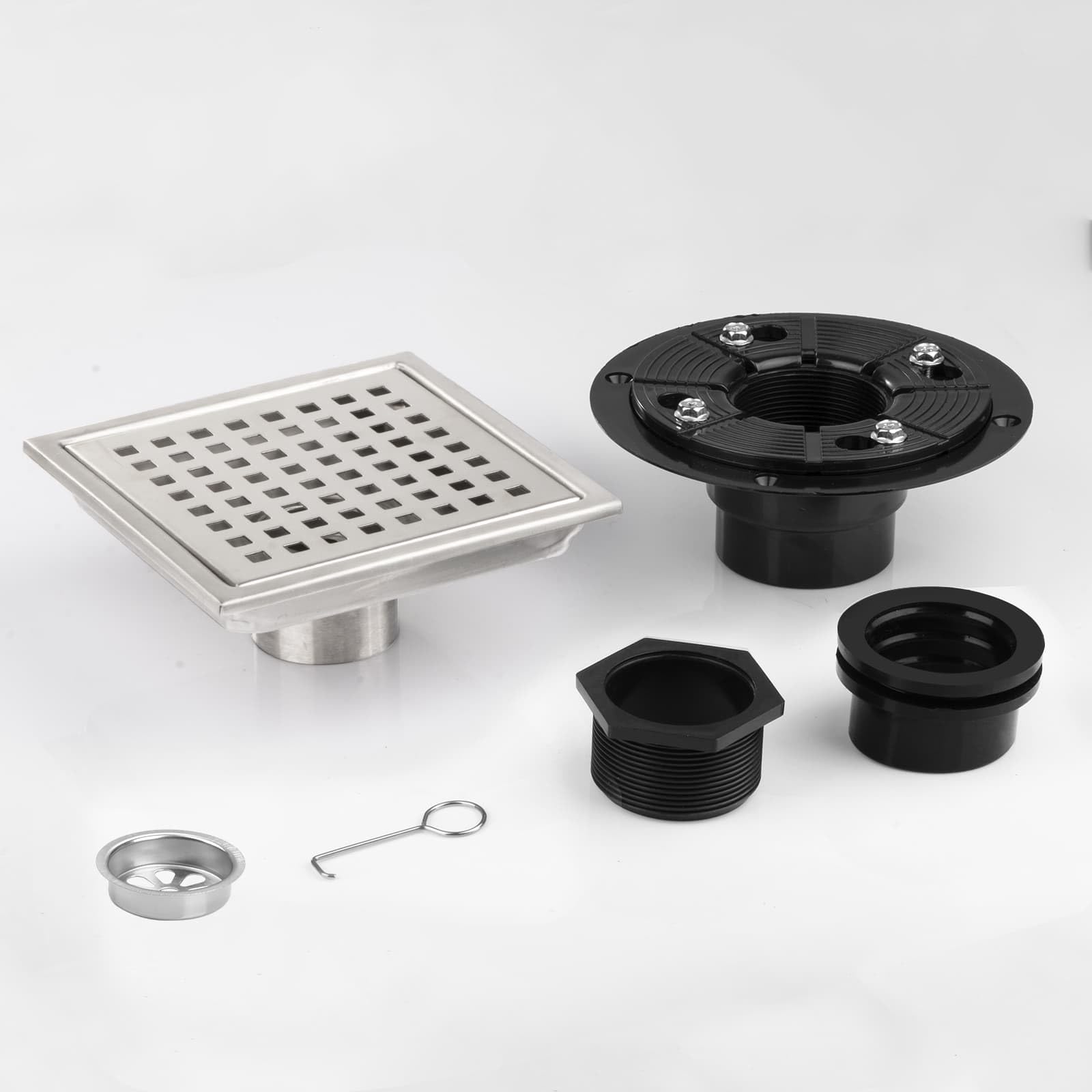 Desagüe de ducha cuadrado, desagüe de ducha plateado de 6 pulgadas con brida y cubierta de rejilla extraíble, drenaje de piso de ducha de acero inoxidable AISI 304 con recogedor de pelo y