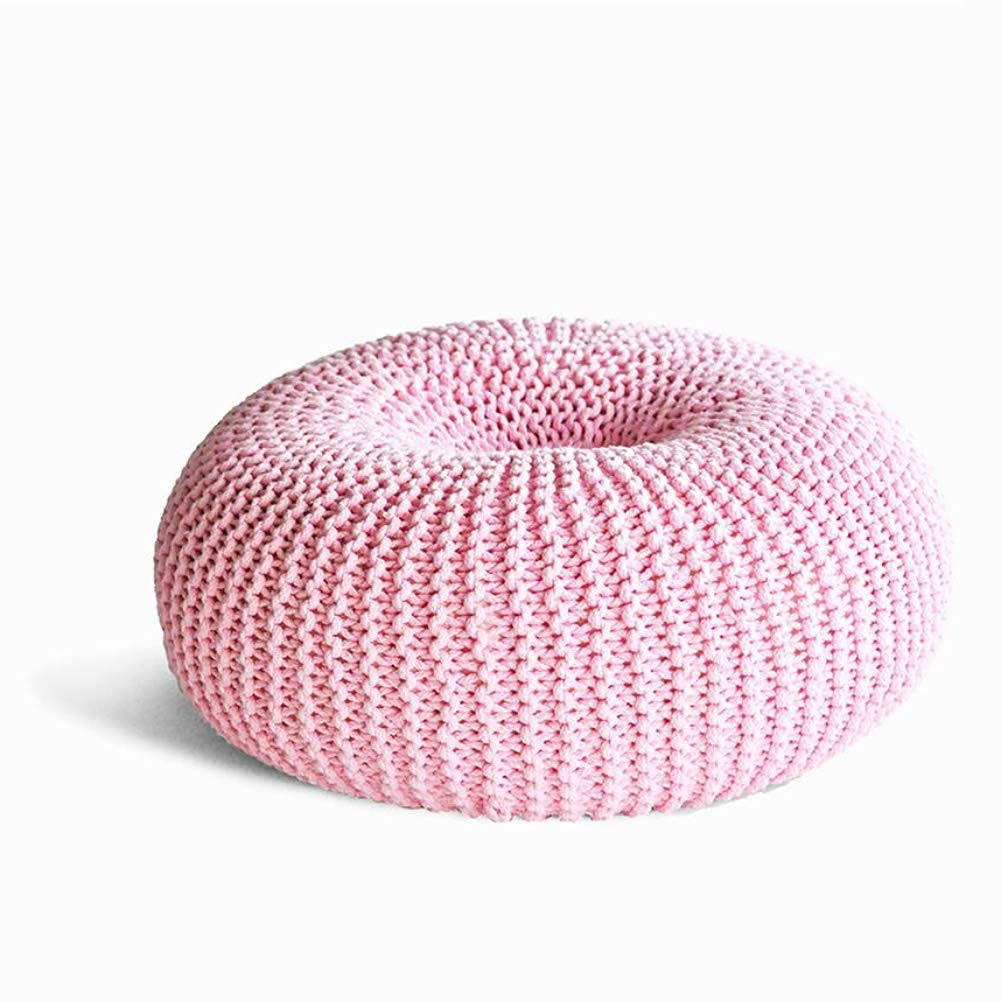 Pouf ottoman tricoté à la main bleu et rose pour salon et chambre