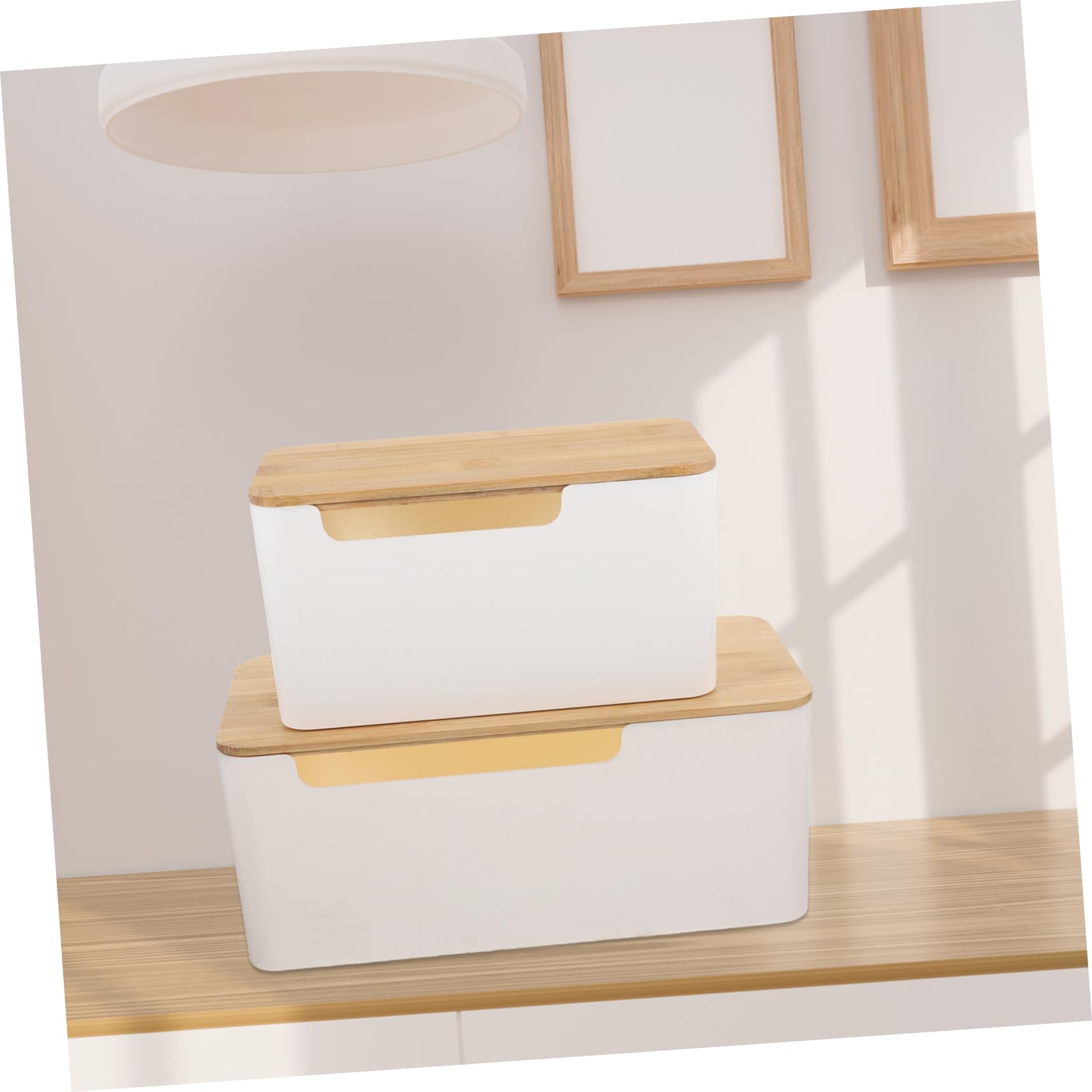Kabelmanagementbox 2 Stück mit Bambusdeckel und PC Weiß für Zuhause