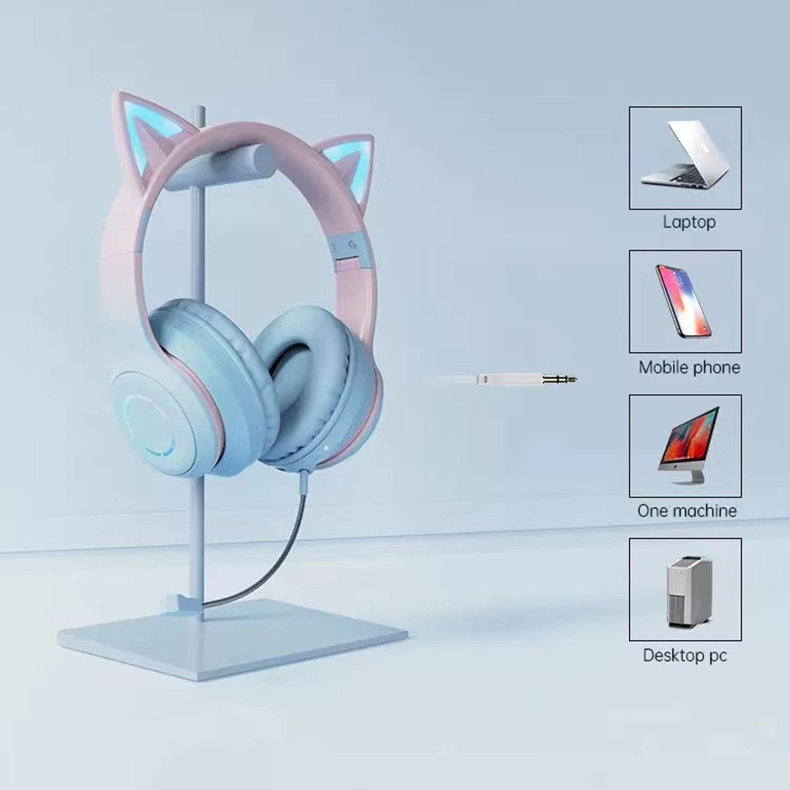 Auriculares Plegables Inalámbricos con Orejas de Gato Bluetooth para Juegos con Luz LED (Azul)
