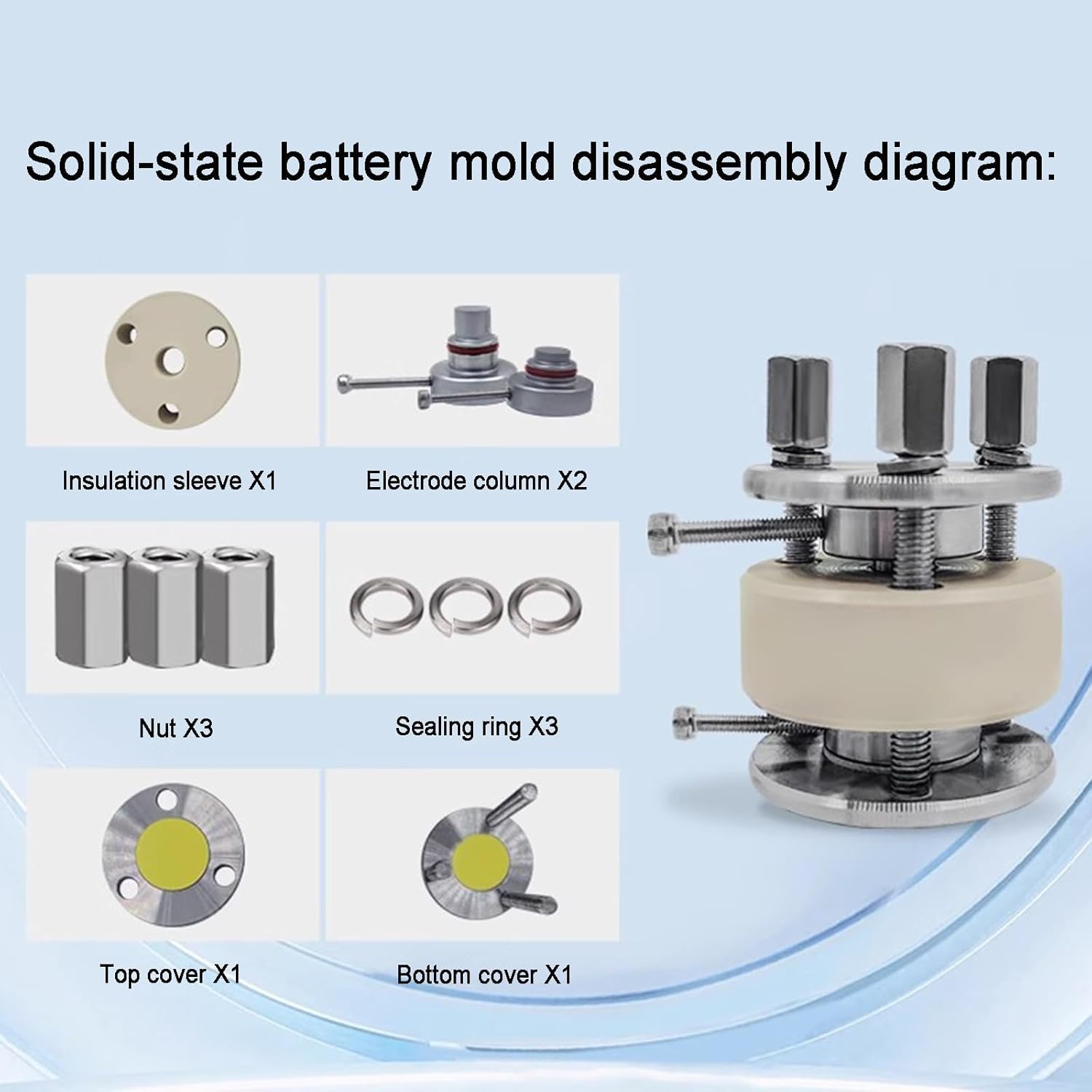 Molde de prueba de batería de estado sólido, diámetro ajustable de 6 a 20 mm, presión máxima de trabajo de 800 MPA, ideal para investigación de baterías y experimentos de laboratorio