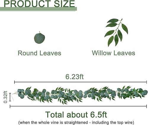 Miniatura 2 de Paquete de 4 guirnaldas artificiales de eucalipto con hojas de sauce cada una de 6.5 pies, guirnalda de vegetación falsa para camino de mesa, centro