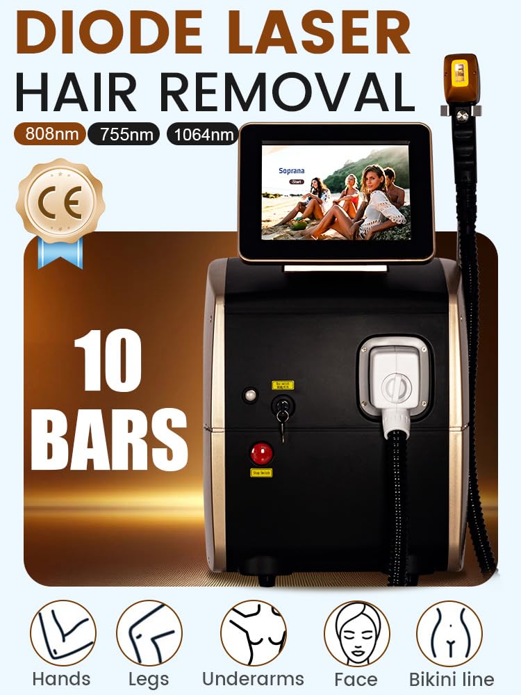 10 Bars, Epilazione laser a diodo 755nm/808nm/1064nm Epilazione indolore | Epilazione permanente Rimuovere i peli superflui da tutto il corpo Uso personale e commerciale