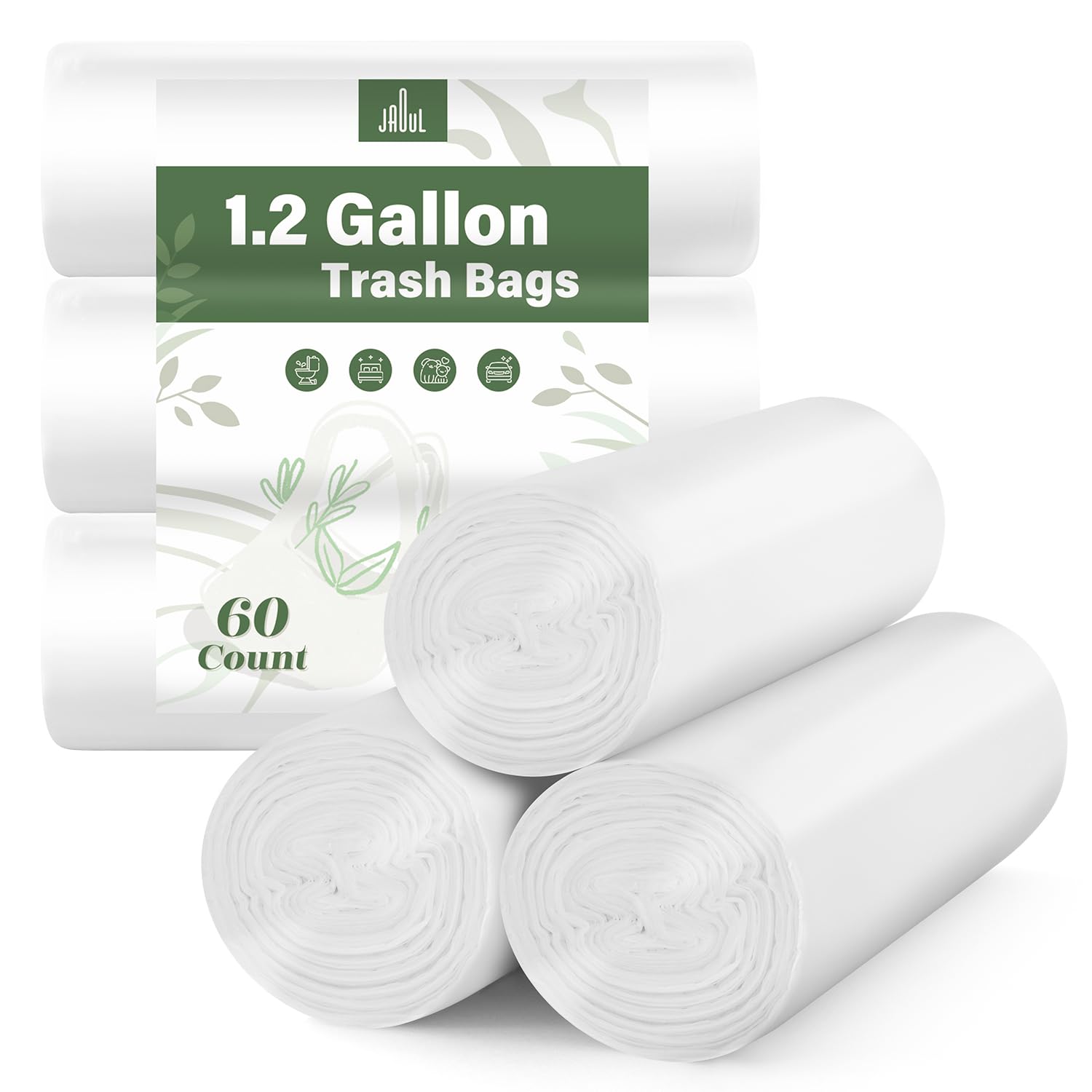 Jaoul 1.2 Gallon Trash Bags, Unscented Strong Small Trash Bags Bathroom, Small Garbage Bags for Bathroom Can, White Trash Can Liners 60 Count