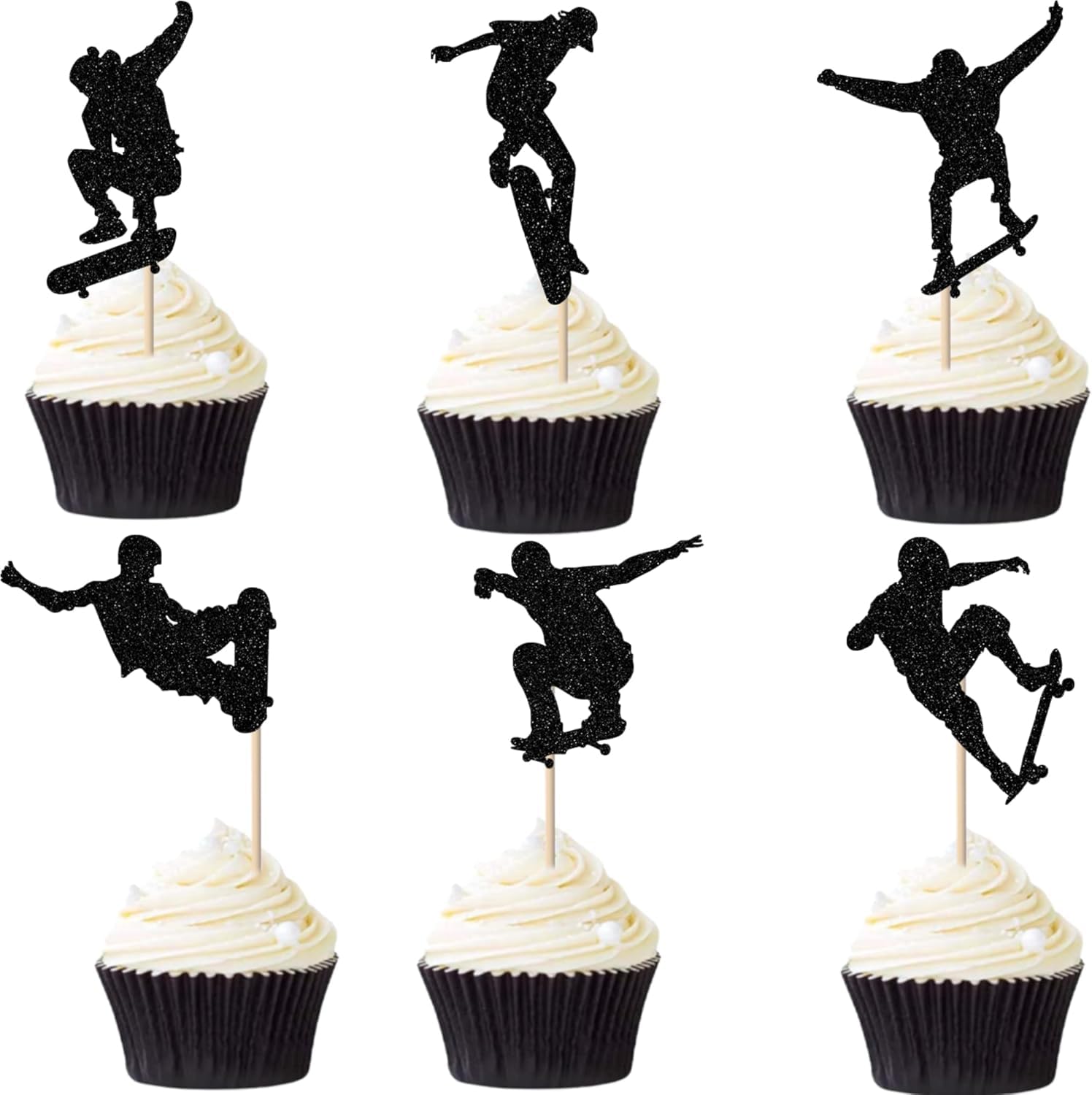 Pack of 24 Skateboard Cupcake Toppers Glitter Skateboarding Cake Decoration Skateboard Cake Decoration for Skating Theme Bachelorette Birthday Party Cake Decorations Black โ image 1