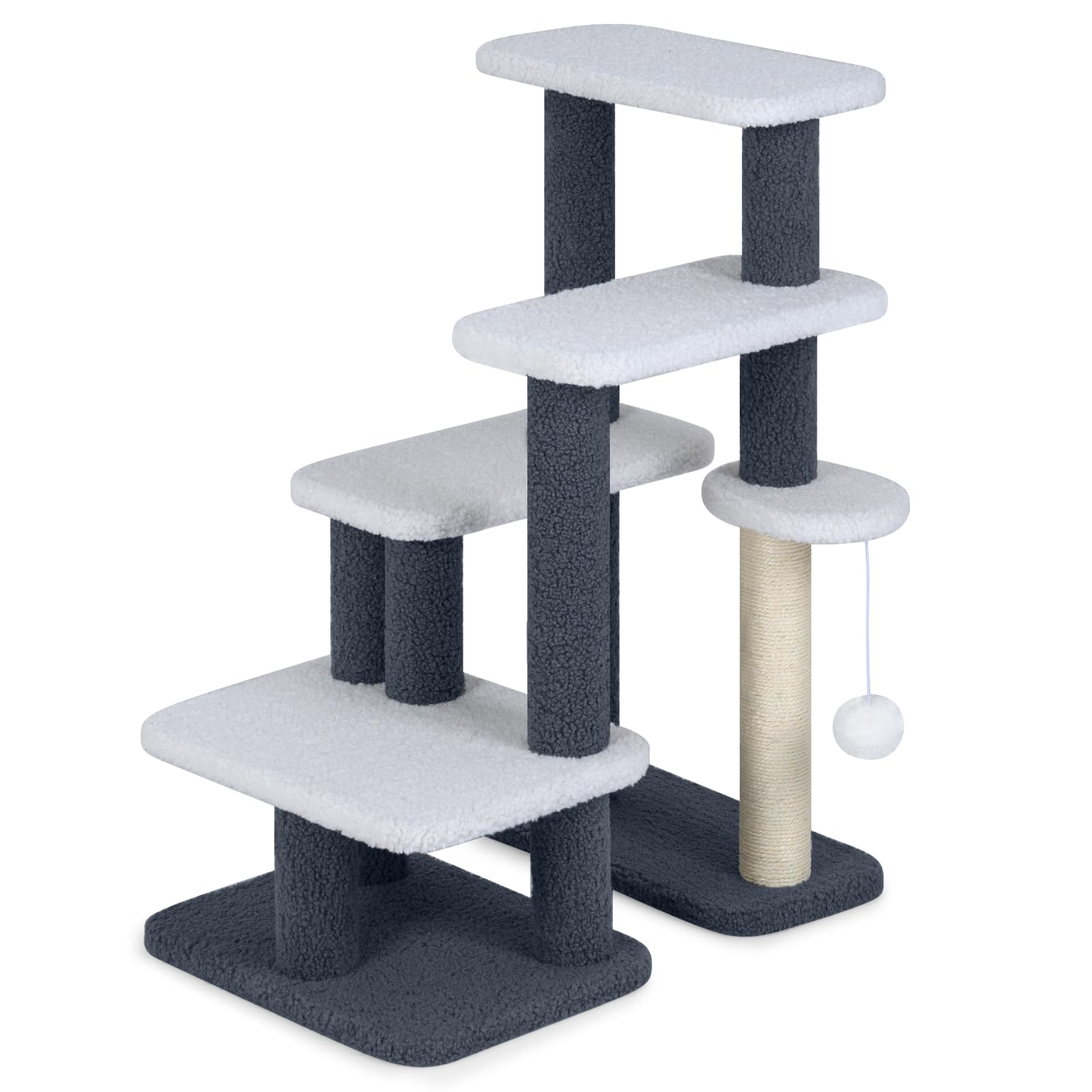 GYMAX 5 Stufen Katzentreppe, stabile Tiertreppe mit Sisal-Kratzstamm, Spielball & Plüschsitzfläche, Hundetreppe für Katze & Hunde bis 15 kg, Katzen Katzenmöbel, 62 x 41 x 77 cm