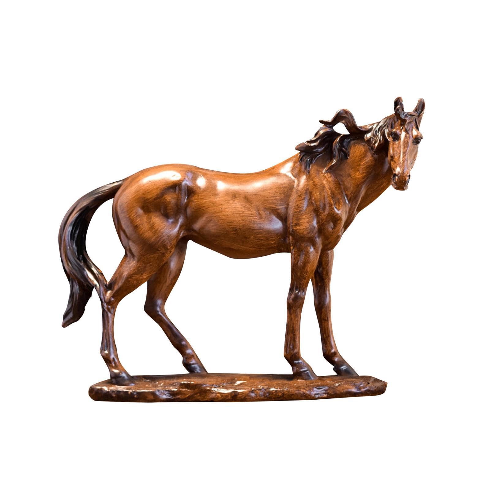 PIXZCSA Unique Animal Sculpture Shelf Horse Statue Desk Decoration Fireplace Ornament Resin Craft Home Decor Fine Workmanship Animal Sculpture Cabinet, Wooden Texture, 24.5x5.5x20cm